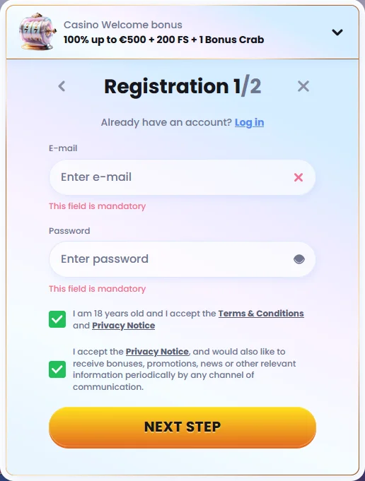 Casino Lab Registration Screenshot